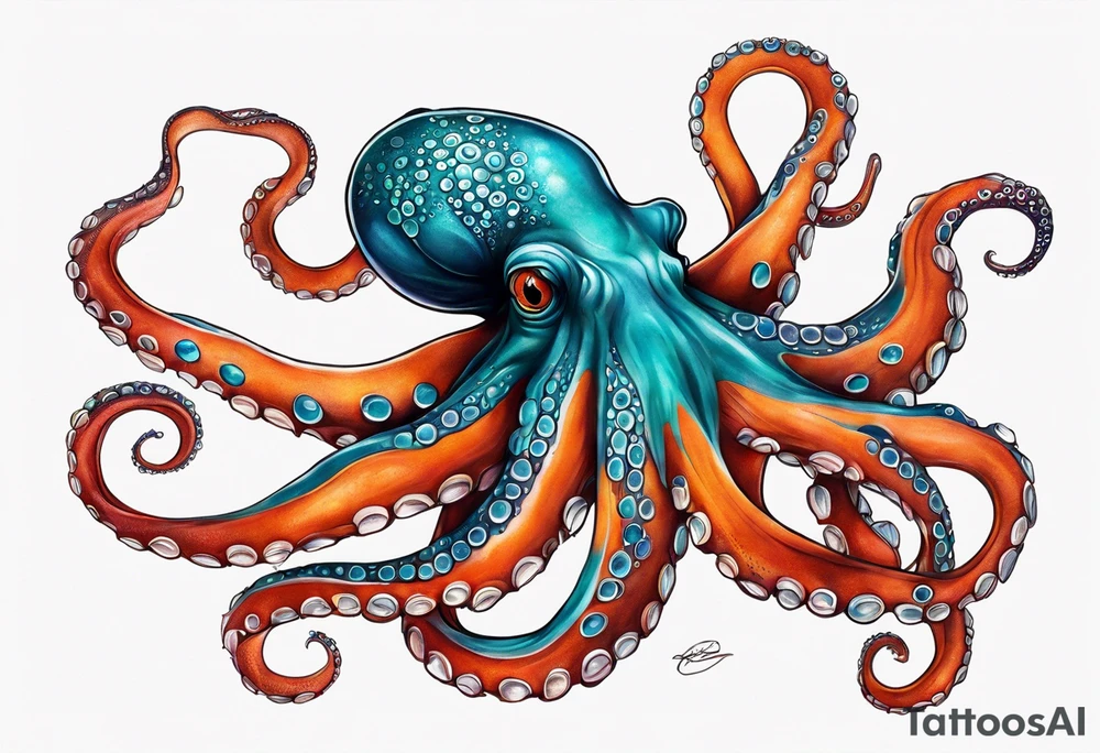 Orange and red Octopus with blue and teal suckers tattoo idea