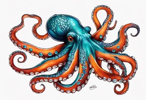 Orange and red Octopus with blue and teal suckers tattoo idea
