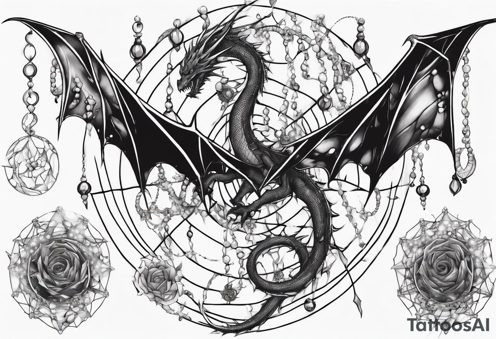 Dragon in a spiral spiderweb with jewels and shattered chalices tattoo idea