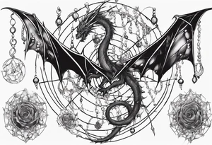 Dragon in a spiral spiderweb with jewels and shattered chalices tattoo idea