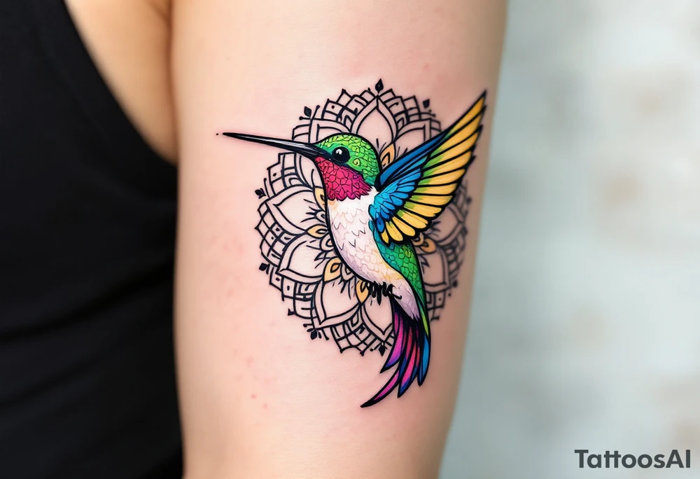 Colorful hummingbird centered in front of a mandala design tattoo idea
