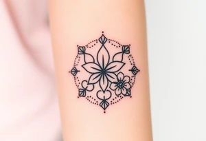 Breathe symbol with unalome symbol incorporating jasmine flowers tattoo idea