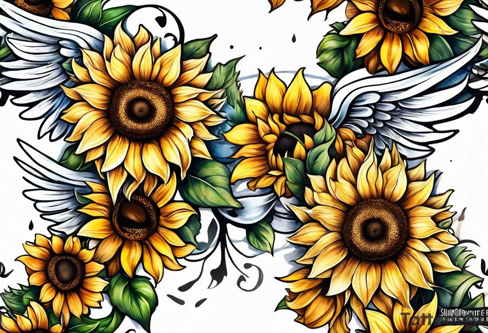 Sunflowers and angel wings leg sleeve tattoo idea