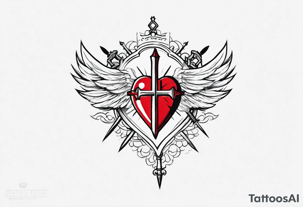 sacred heart with 3 swords instead of a cross. In front of a seraphim. tattoo idea