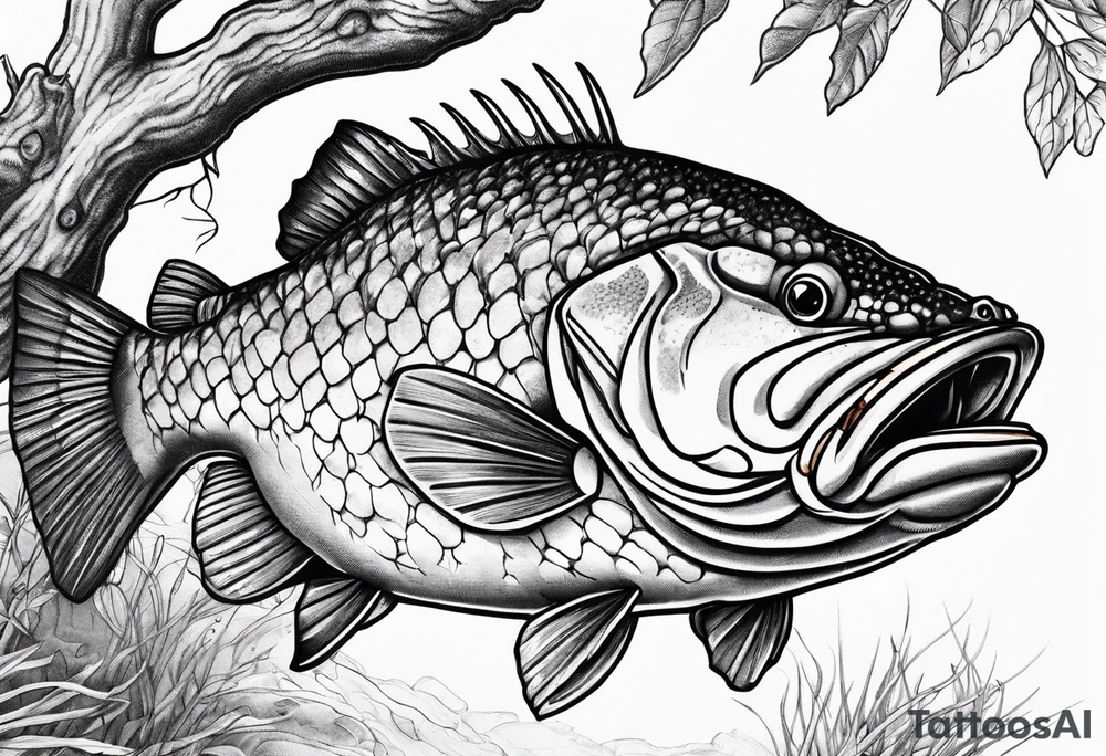 Murray cod with a hook in its mouth, shrimp and yabbie on a tree branch tattoo idea