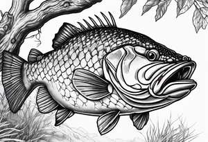 Murray cod with a hook in its mouth, shrimp and yabbie on a tree branch tattoo idea