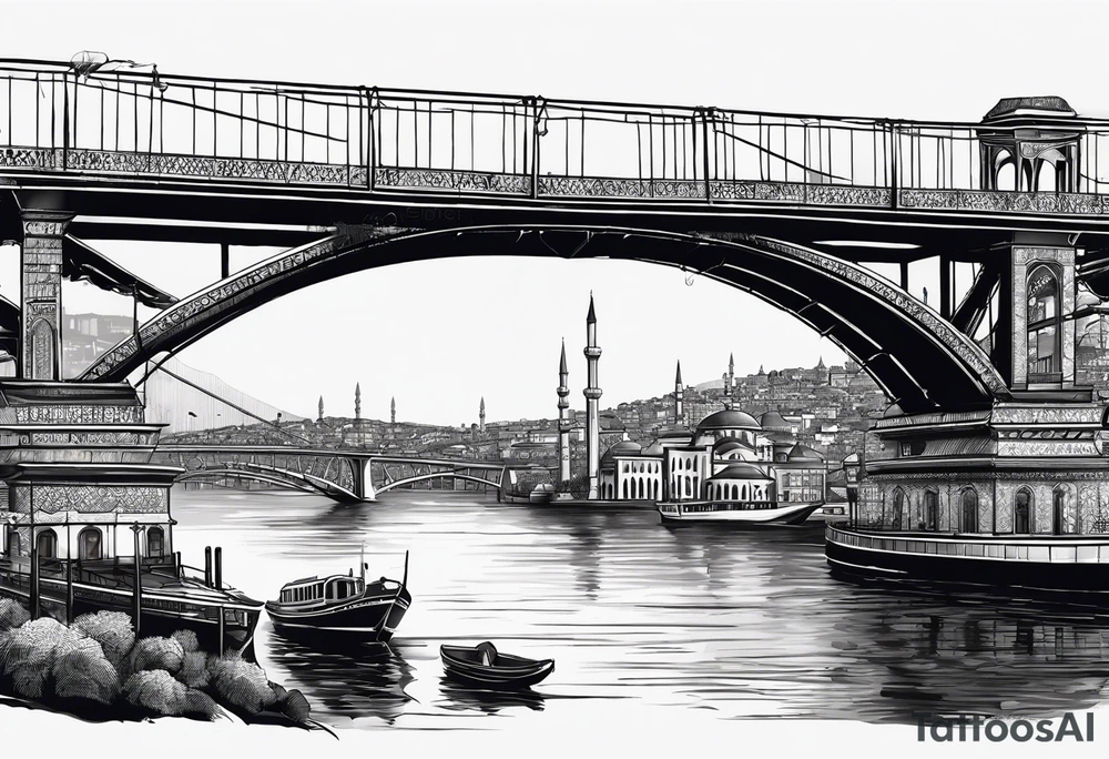 Istanbul bridge with blue details and behind them a big yellow canary tattoo idea