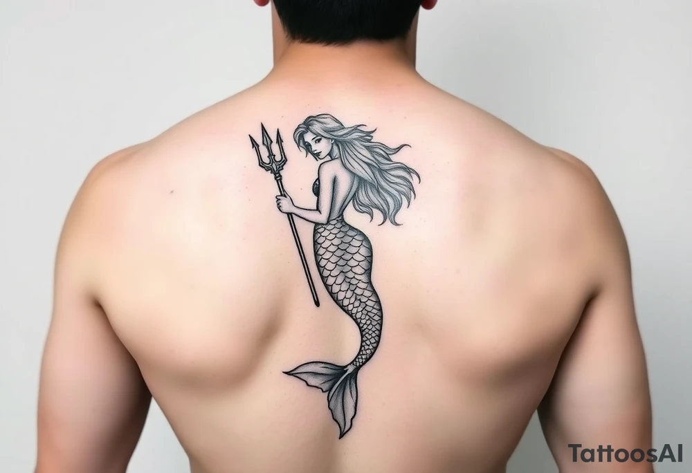 sexy mermaid with trident tattoo idea