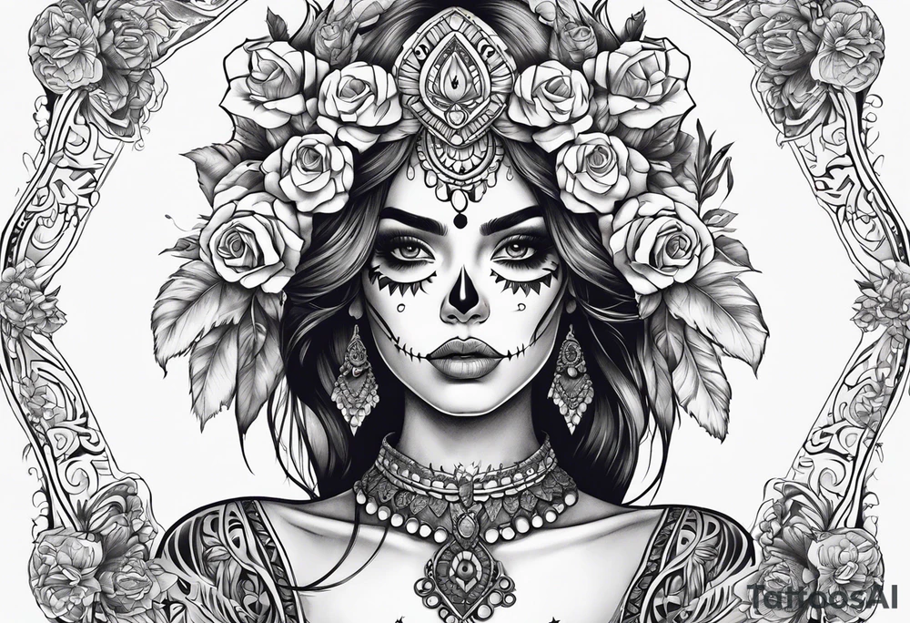 muertos style girl stretched horizontally tattoo idea