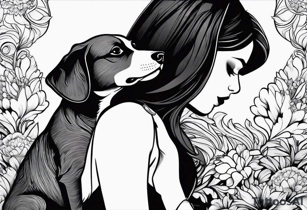 dog in the sky reaching hand of a woman and woman as her back facing us tattoo idea
