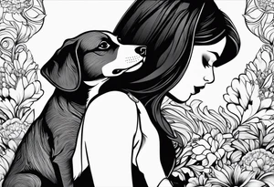 dog in the sky reaching hand of a woman and woman as her back facing us tattoo idea