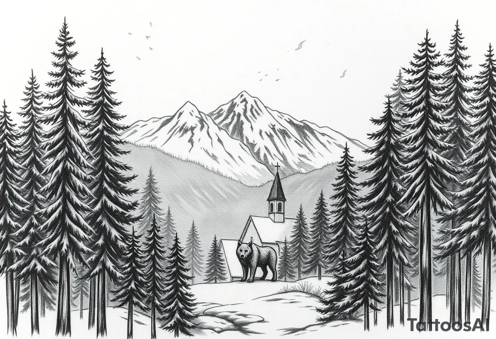 Nature/Landscape

Wolves in a pine forest (extending the tree line you already have)
A Russian bear emerging from the treeline
Snow-capped mountains behind the church scene tattoo idea