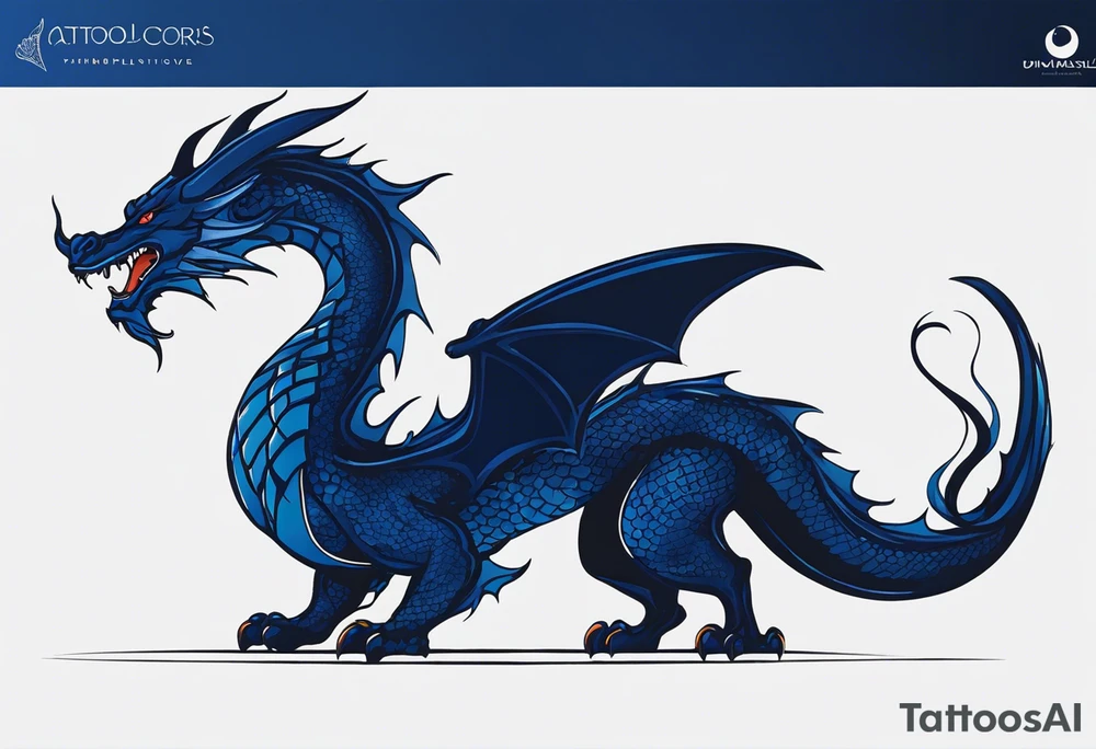 An epic floating dragon. Its long body coiling dynamically, with scales and horns detailed to create a sense of movement and strength. The dragon's main color is midnight blue, giving a vibrant depth and a mystical aura. This tattoo highlights the dragon’s fierce expression and sharp claws. tattoo idea