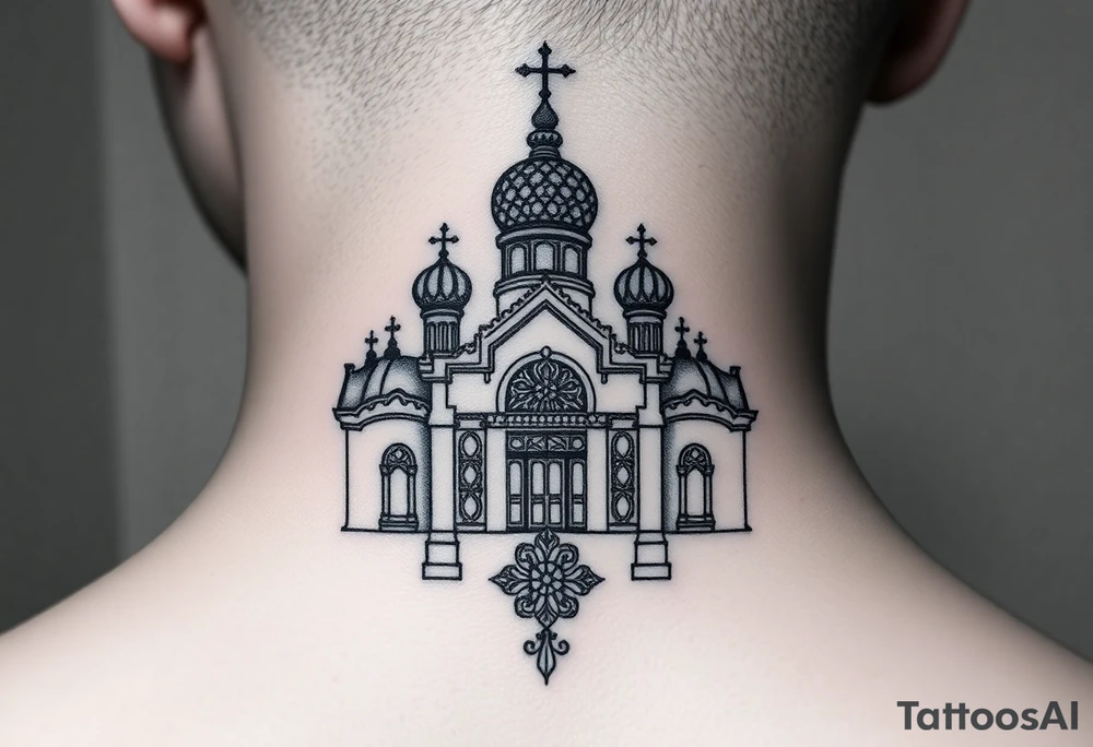 medium sized Russian orthodox church with bulb domes with a prominent russian orthodox mosaic tattoo idea