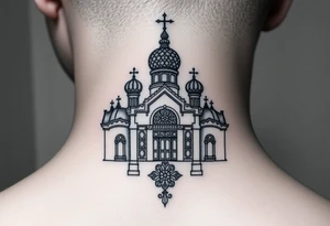 medium sized Russian orthodox church with bulb domes with a prominent russian orthodox mosaic tattoo idea