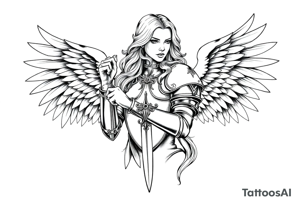 femme blonde cheveux long ondulé, en armure de chevalier tenant épée à la mais et de grandes ailes d'anges déployées tattoo idea