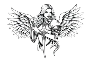femme blonde cheveux long ondulé, en armure de chevalier tenant épée à la mais et de grandes ailes d'anges déployées tattoo idea