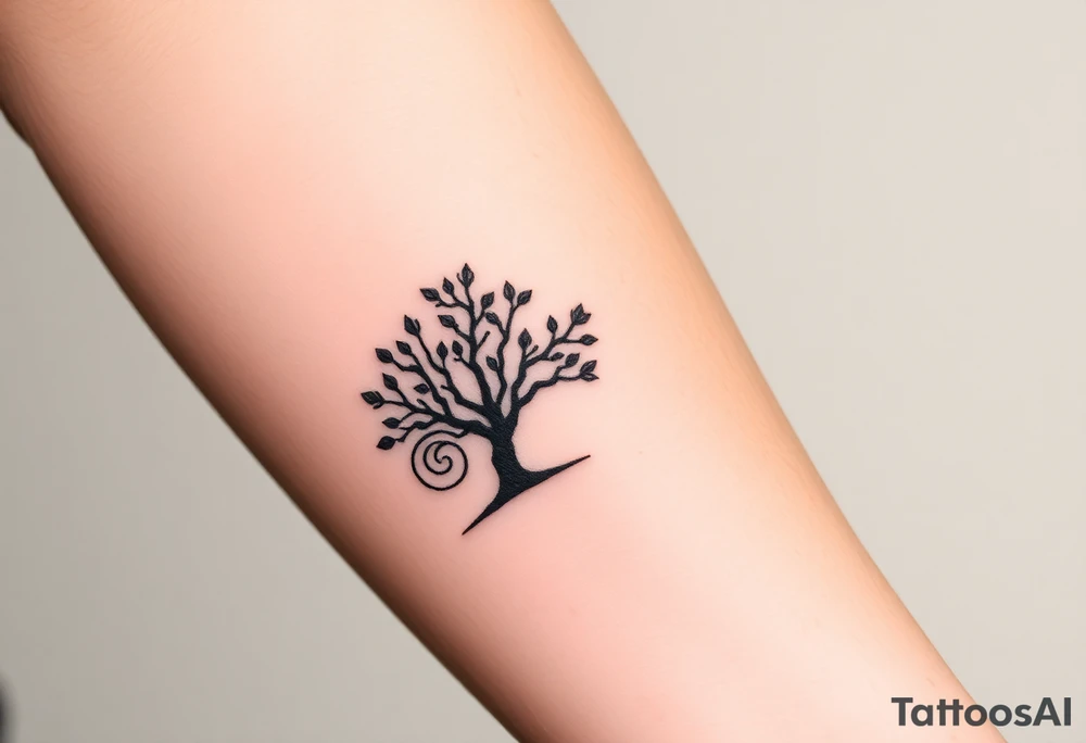 Tree with few leaves, with a SPIRAL line starting from the left side of tree and spiraling outward in a clockwise direction tattoo idea