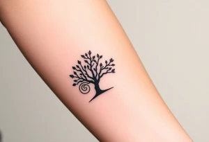Tree with few leaves, with a SPIRAL line starting from the left side of tree and spiraling outward in a clockwise direction tattoo idea