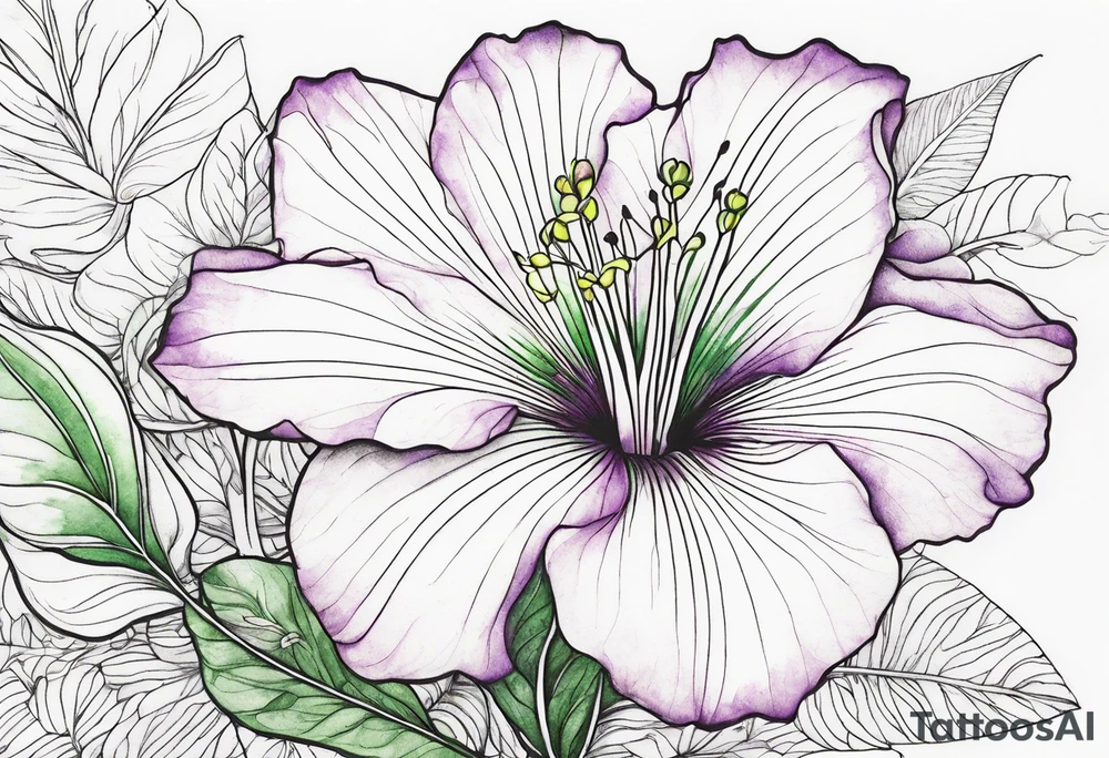 An outline of a rio dipladenia flower with a green and purple watercolor background tattoo idea