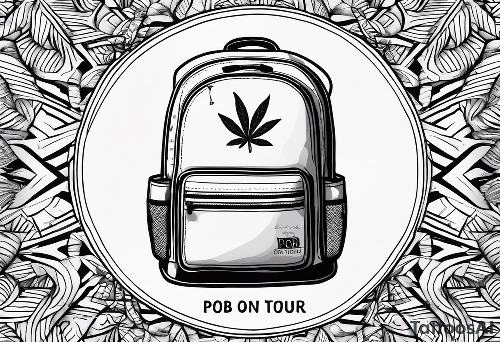 Backpack with the words 'PBOB on tour 2024' with a hidden weed leaf tattoo idea