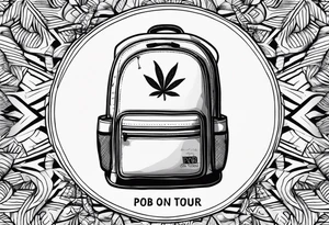 Backpack with the words 'PBOB on tour 2024' with a hidden weed leaf tattoo idea