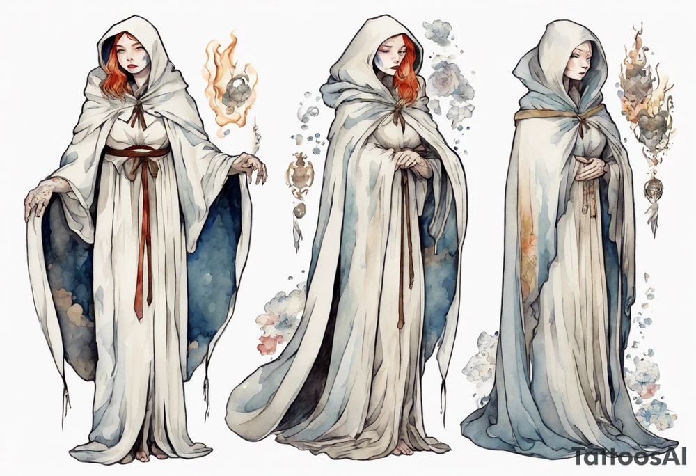 medieval Cate Blanchette dressed in white cloak, sad tattoo idea