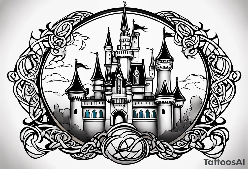 disney world castle with mickey mouse, martial arts, celtic symbol for family tattoo idea