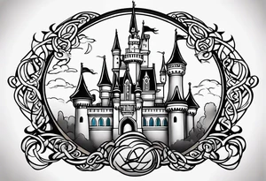 disney world castle with mickey mouse, martial arts, celtic symbol for family tattoo idea
