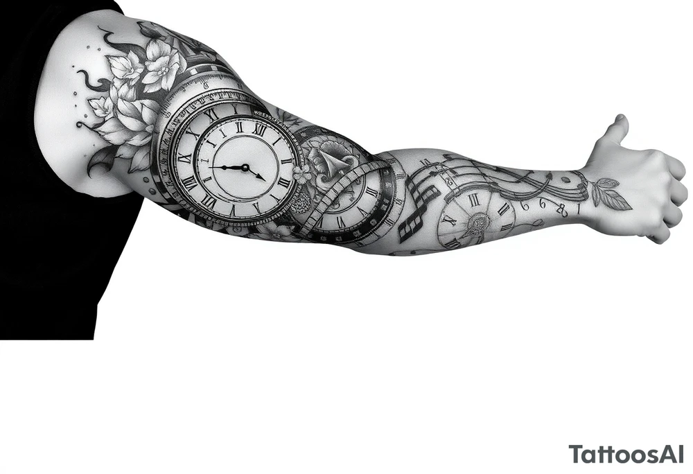 I want to create a sleeve for my left arm with elements if time and music and the dates 19.04.2019 and 28.01.2022 in Roman numerals tattoo idea