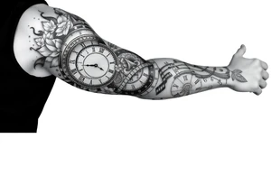 I want to create a sleeve for my left arm with elements if time and music and the dates 19.04.2019 and 28.01.2022 in Roman numerals tattoo idea