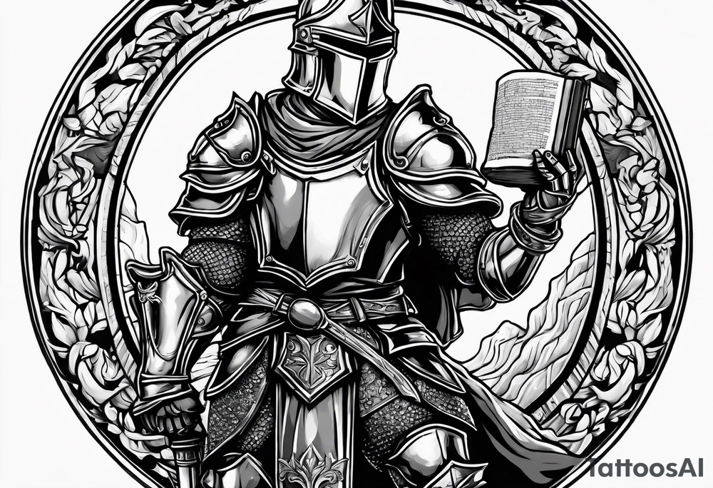 knight holding a bible over his head in combat tattoo idea