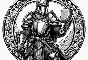 knight holding a bible over his head in combat tattoo idea