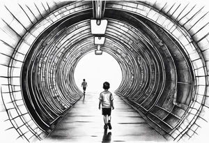 Young boy walking through tunnel onto a football pitch tattoo idea