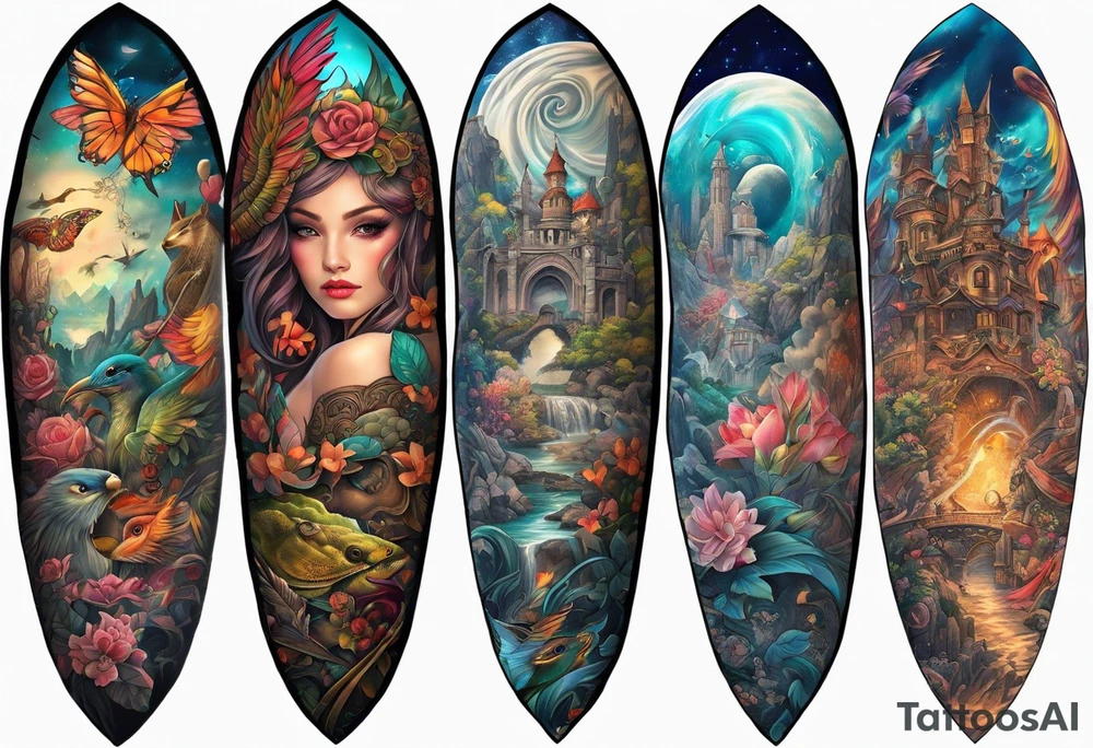 Fantasy story collage tattoo sleeve tattoo idea