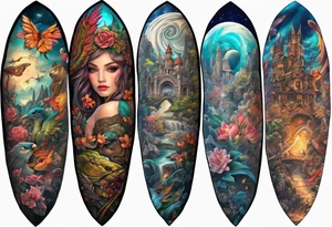Fantasy story collage tattoo sleeve tattoo idea