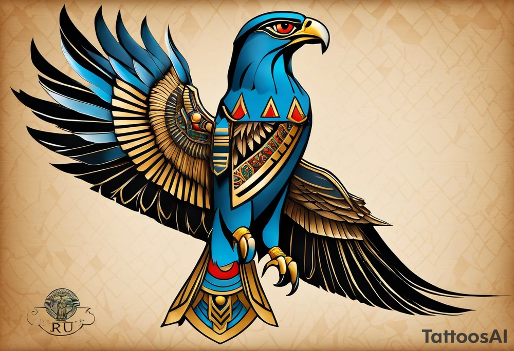 The tattoo depicts Horus, the falcon-headed god of the sky and kingship, in a dynamic and powerful stance. His falcon head is detailed with sharp, lifelike feathers and intense eyes, capturing his vigilant and authoritative nature. His human body is adorned with traditional Egyptian attire, including the crown of Upper and Lower Egypt. Horus is often shown with an outstretched wing or holding a scepter, which is intricately detailed. The realistic shading and attention to anatomical detail emphasize his strength and regal bearing. tattoo idea