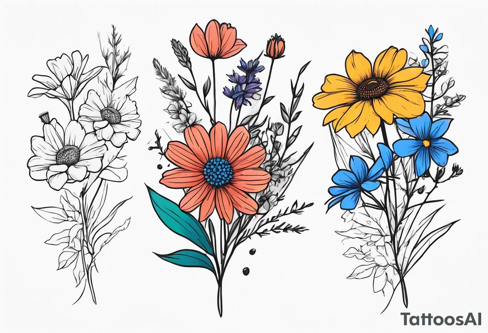 mixed wildflower bouquet detailed with color tattoo idea
