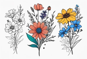 mixed wildflower bouquet detailed with color tattoo idea