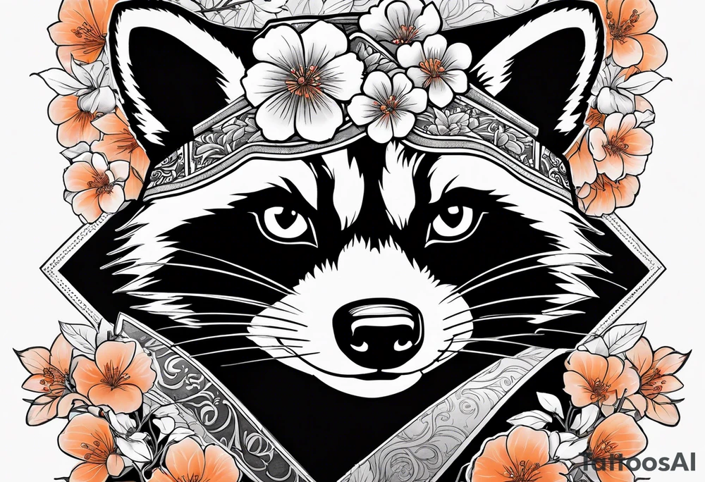 Raccoon wearing a white Superman logo on a black hoodie and orange Japanese cherry blossoms beside tattoo idea