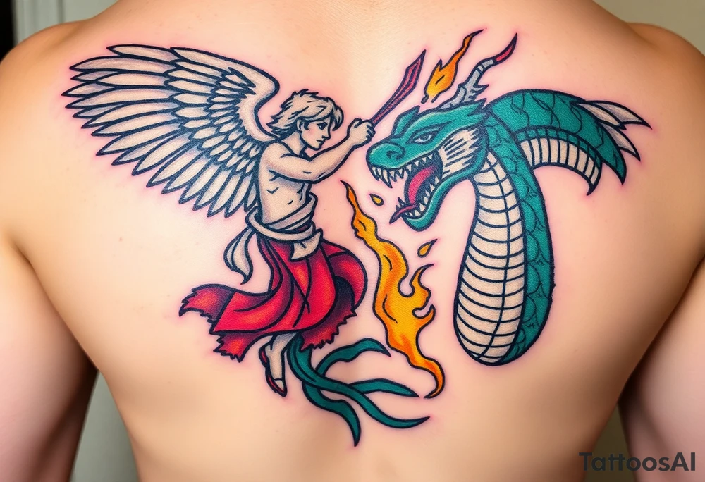 Please create a stained glass style tattoo design featuring an angel battling a sea serpent. The angel should have a dynamic pose, wielding a weapon, and the sea serpent should be large, menacing, and breathing fire. The design should incorporate traditional stained glass elements like bold lines, vibrant colors, and intricate patterns, capturing both the intensity of the battle and the beauty of the medium. tattoo idea