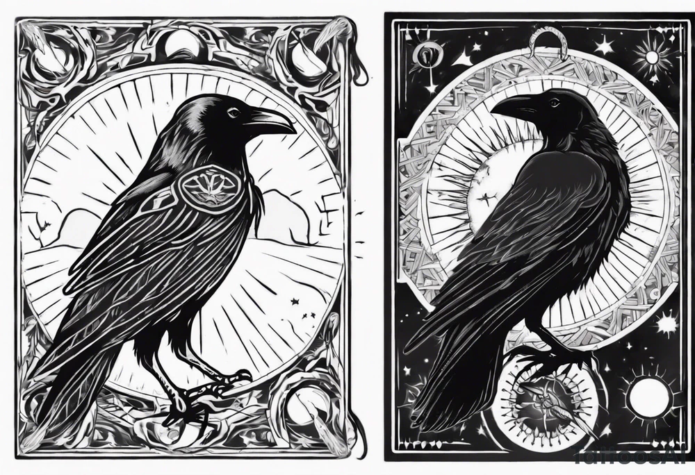 Cunning Raven with the Sun. Vertical Tarot card. tattoo idea