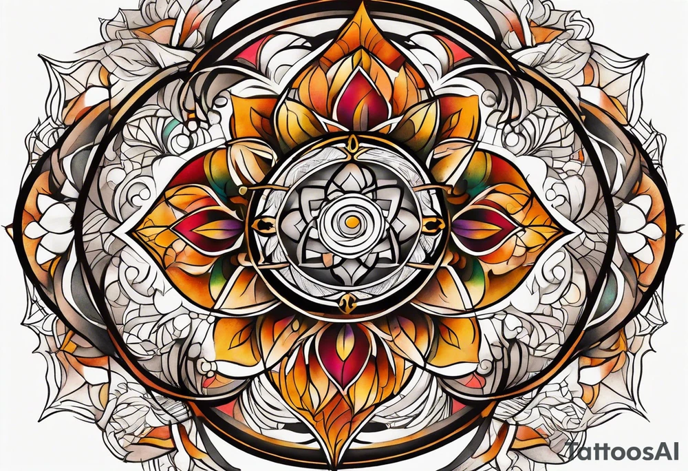 front knee tattoo with sacred geometry, swirls & washes, background and in fall colors tattoo idea