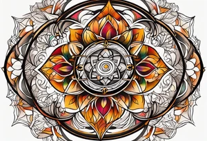 front knee tattoo with sacred geometry, swirls & washes, background and in fall colors tattoo idea