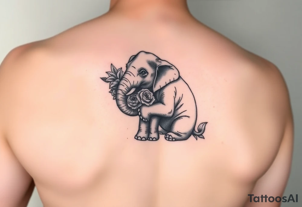 Elephant sitting down holding flowers: lilys, hawthrons, and roses with trunk tattoo idea