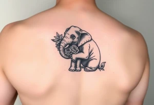 Elephant sitting down holding flowers: lilys, hawthrons, and roses with trunk tattoo idea