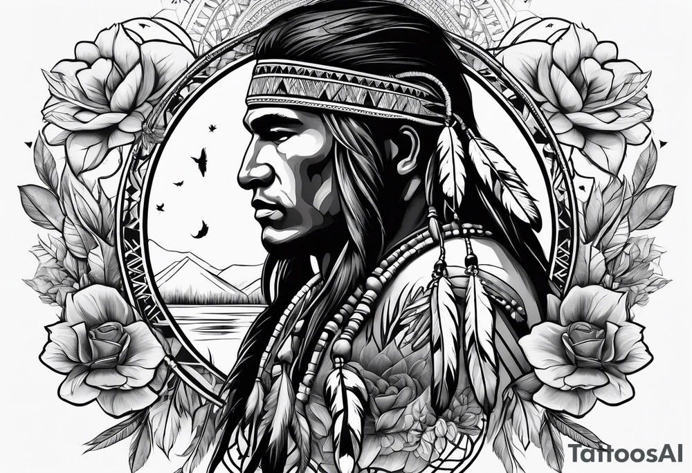 Native american man, flowers, dream catcher, tattoo idea
