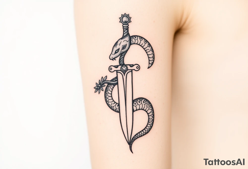 mystical snake coiled around an ancient dagger with jeweled hilt tattoo idea