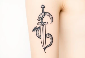 mystical snake coiled around an ancient dagger with jeweled hilt tattoo idea