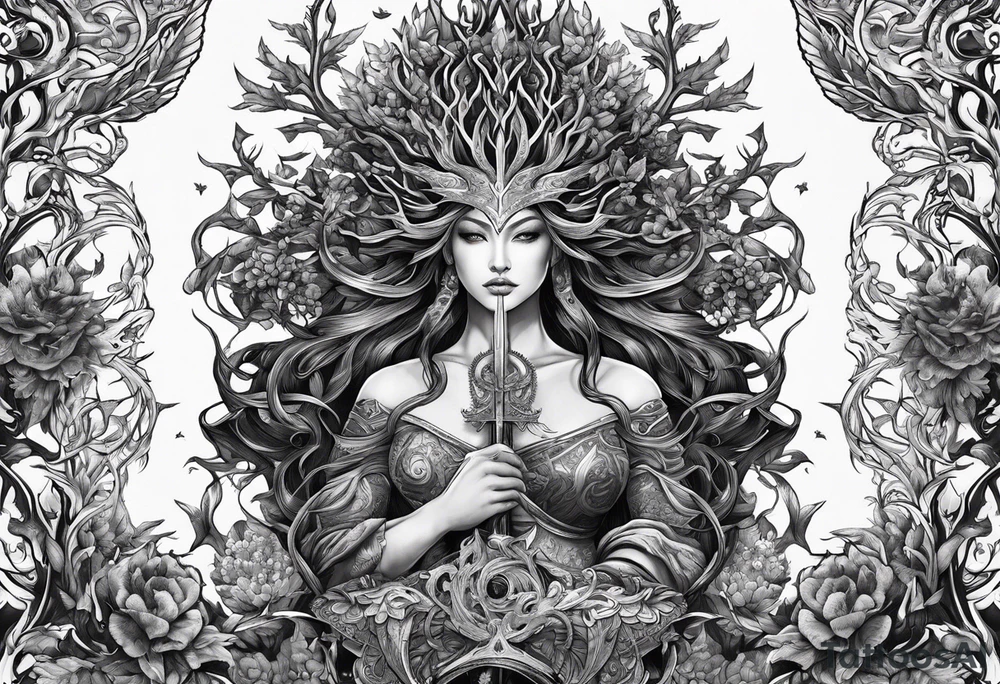 Yggdrasil growing around pisces sing and a long sword underneath tattoo idea